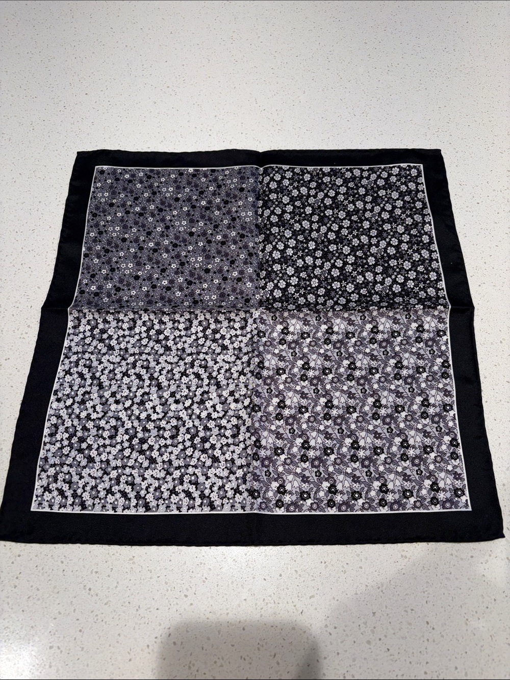Black Floral Patchwork Pocket Square- Italian Silk - Unbranded